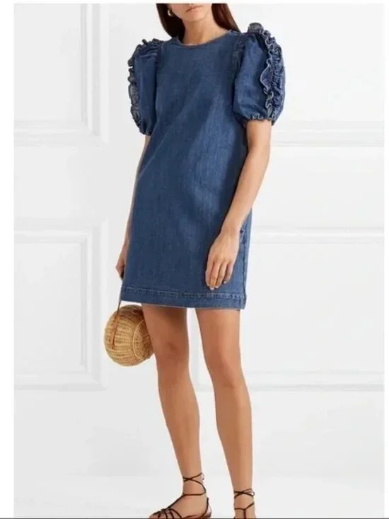 Womens Ulla Johnson Poppy (Item- 12) Blue Denim Ruffled Slv Mini Shift Dress 4 - Picture 2 of 14